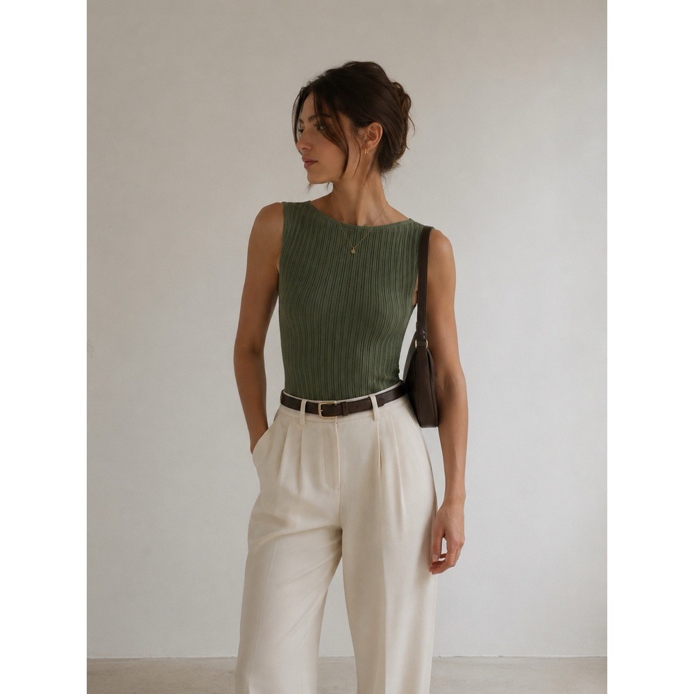 Abercrombie & Fitch Olive Ribbed Bodysuit Sleeveless Minimalist Quiet Luxury S - Picture 1 of 8